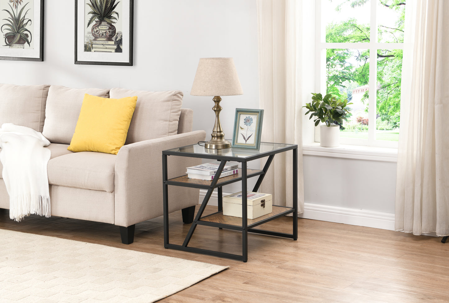 Black Side Table, End Table with Storage Shelf, Tempered Glass Coffee Table with Metal Frame for Living Room & Bedroom, Modern Design Furniture