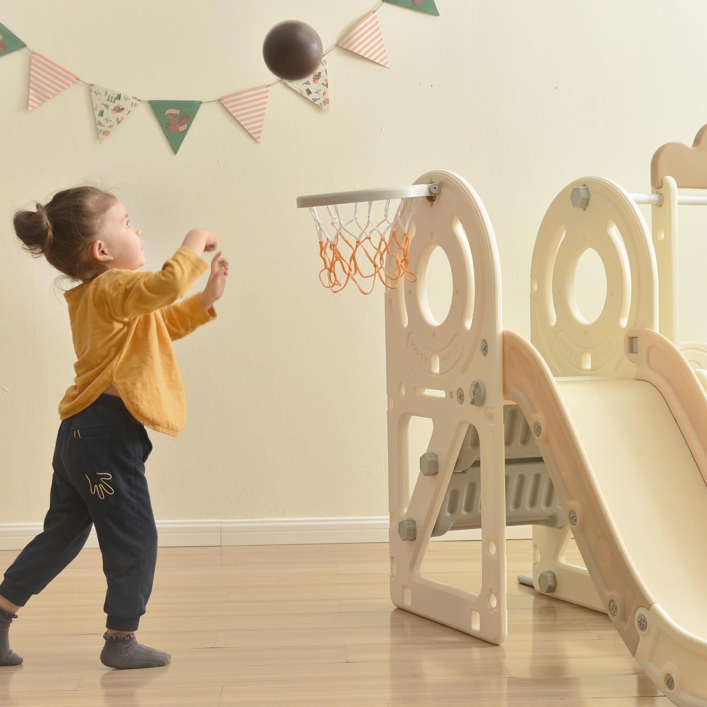 Kids Slide with Bus Play Structure, Freestanding Toy with Slide & Basketball Hoop - Toddlers' Fun Bus Slide Set in Vibrant Colors