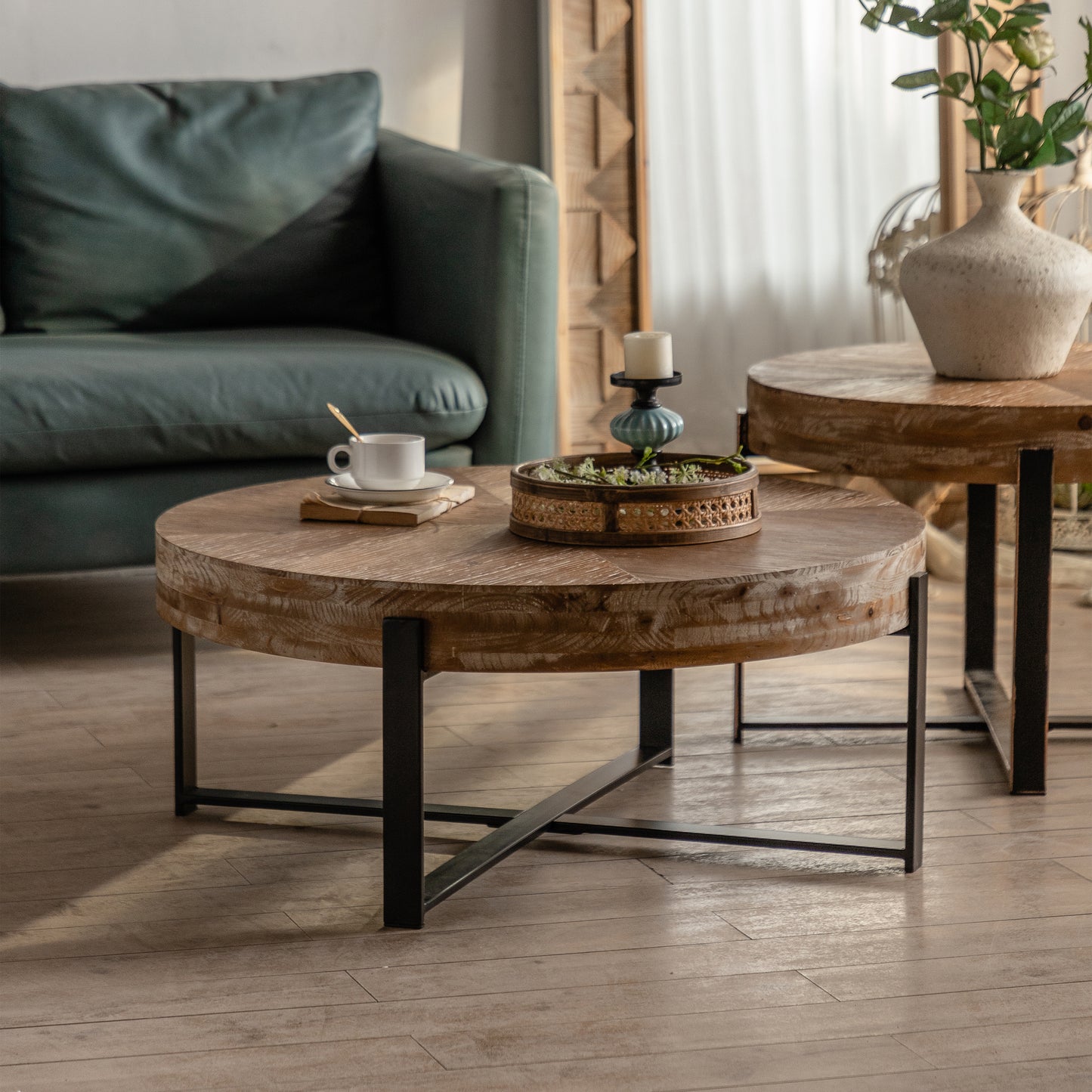 31.29" Modern Retro Splicing Round Coffee Table - Fir Wood Top, Cross Legs Metal Base - Stylish and Functional Furniture for Your Living Room Décor