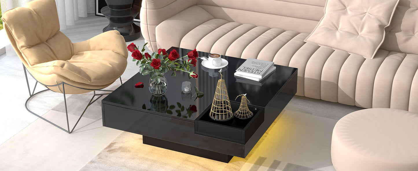 ON-TREND Minimalist Design 31.5*31.5in Coffee Table with Detachable Tray & 16-color LED Strip Lights Remote Control for Living Room