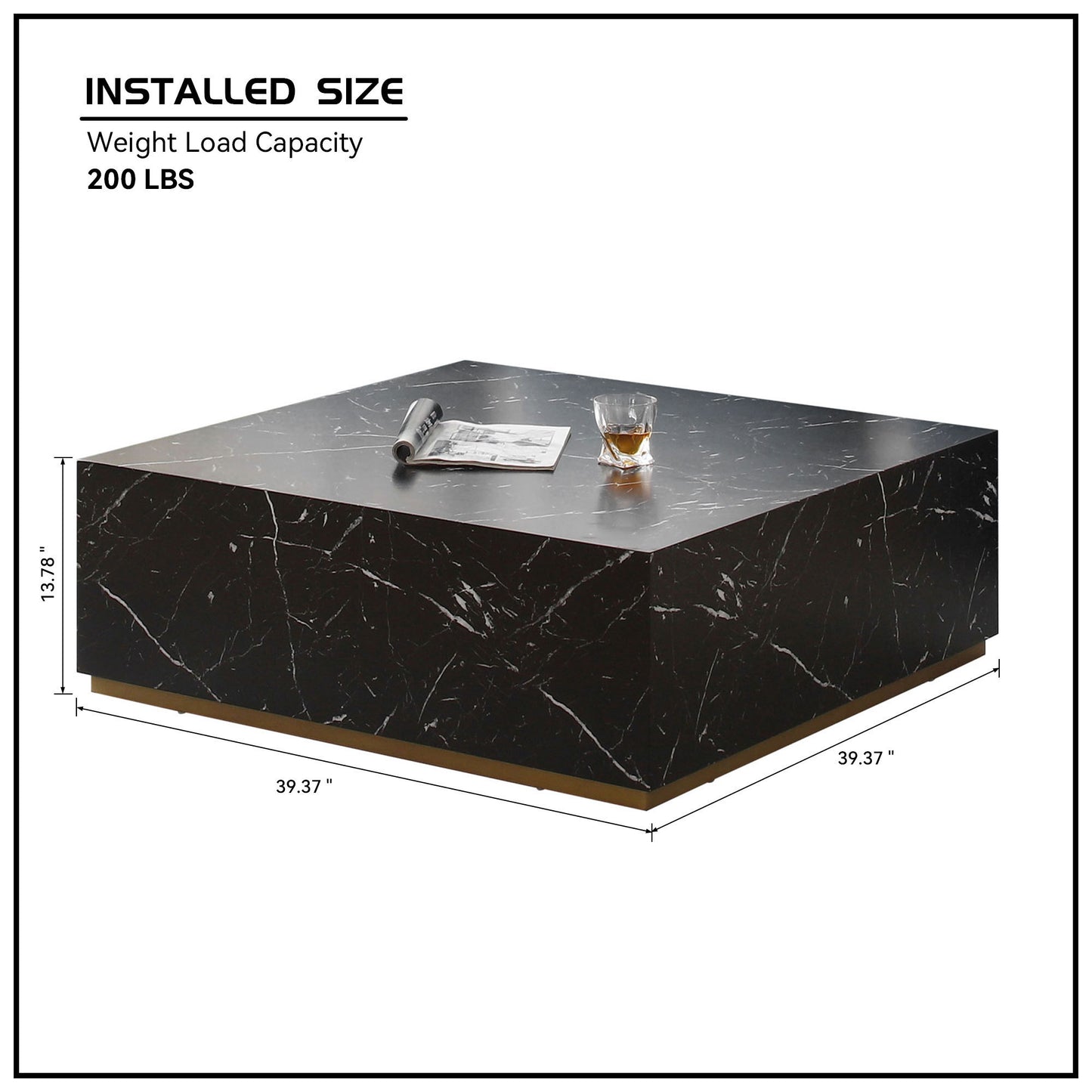 Marble Black Cool Coffee Table | Modern Square Design | 39.37"W x 13.78"H - Sleek & Stylish