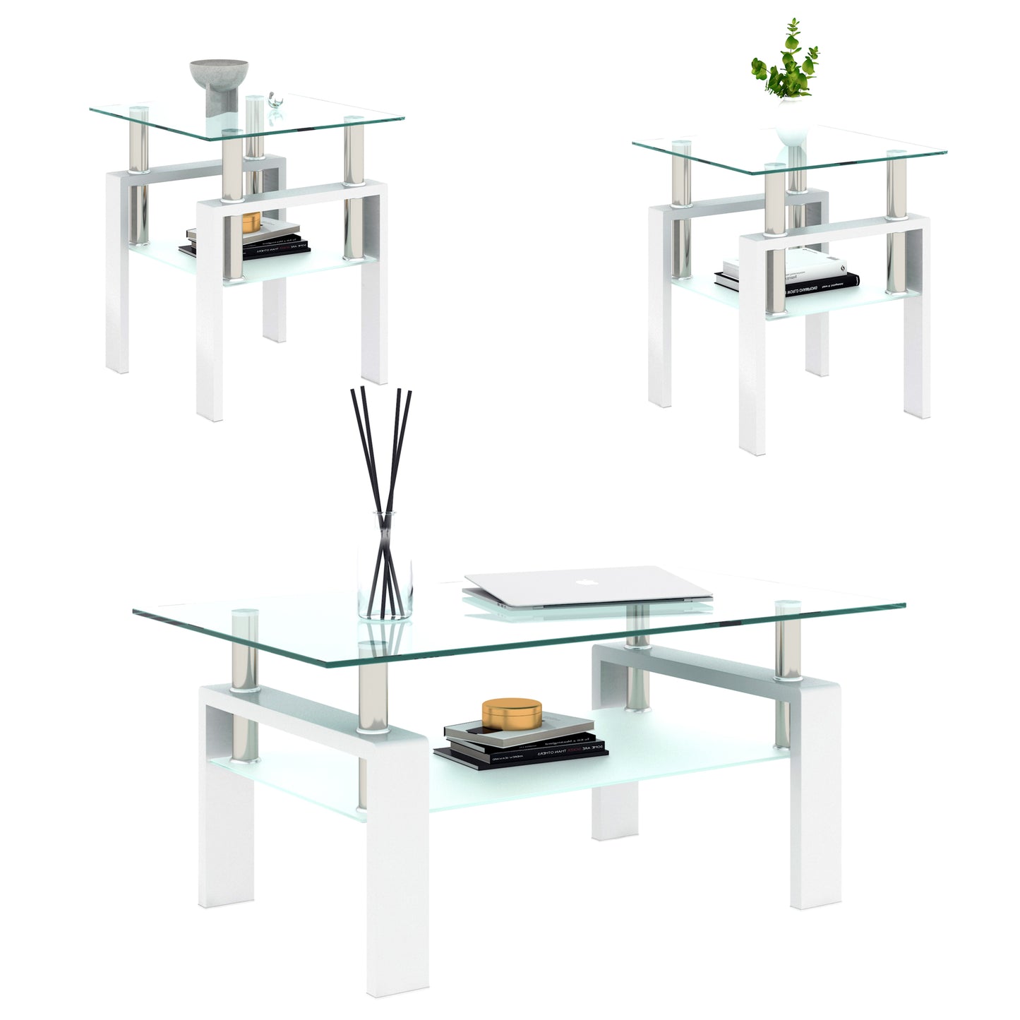Square Tempered Glass Tea Table Coffee Table End Table Set, Modern and Transparent/White Design for Living Room