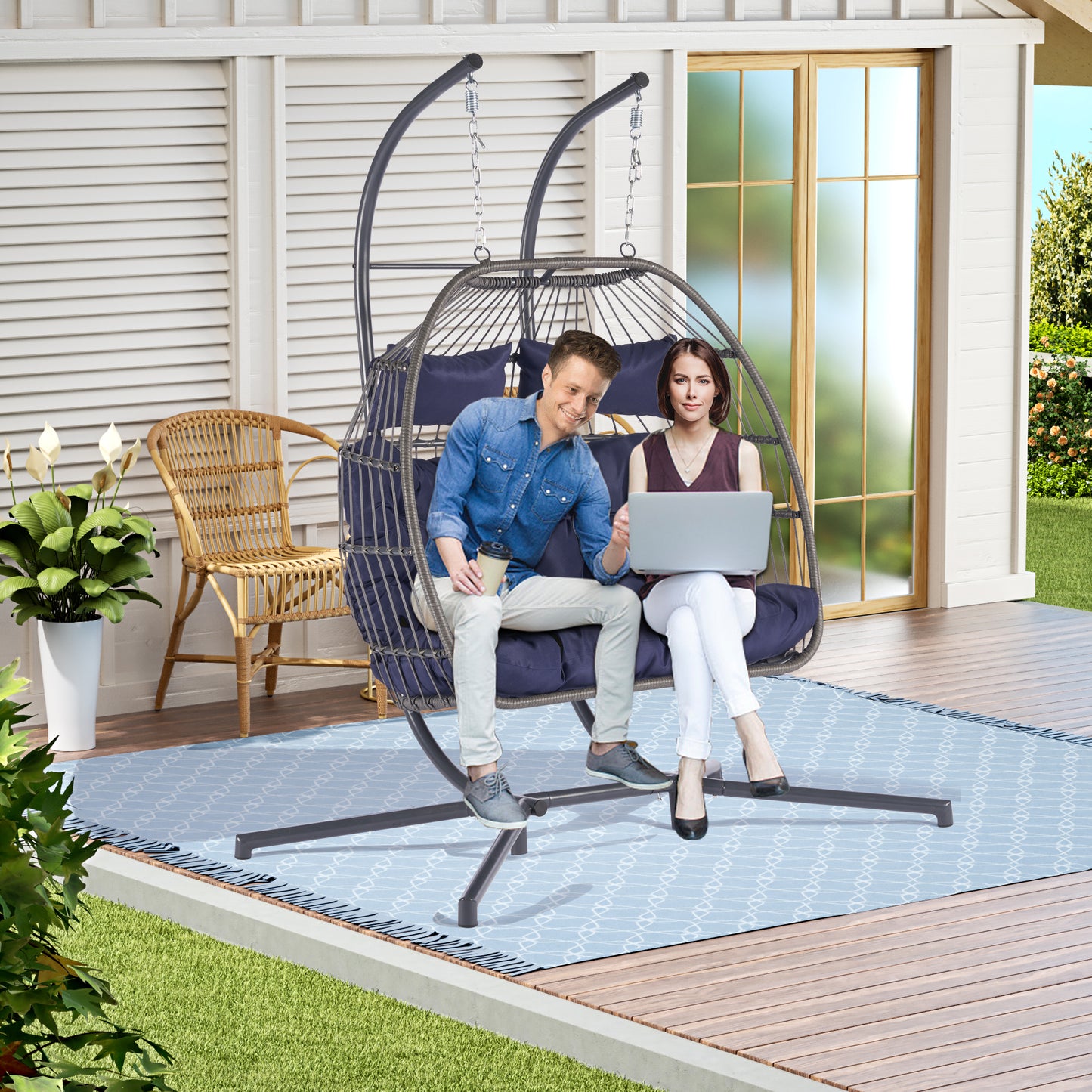 2 Person Outdoor Rattan Hanging Chair - Patio Wicker Egg Chair for Relaxation and Comfort in Your Outdoor Space