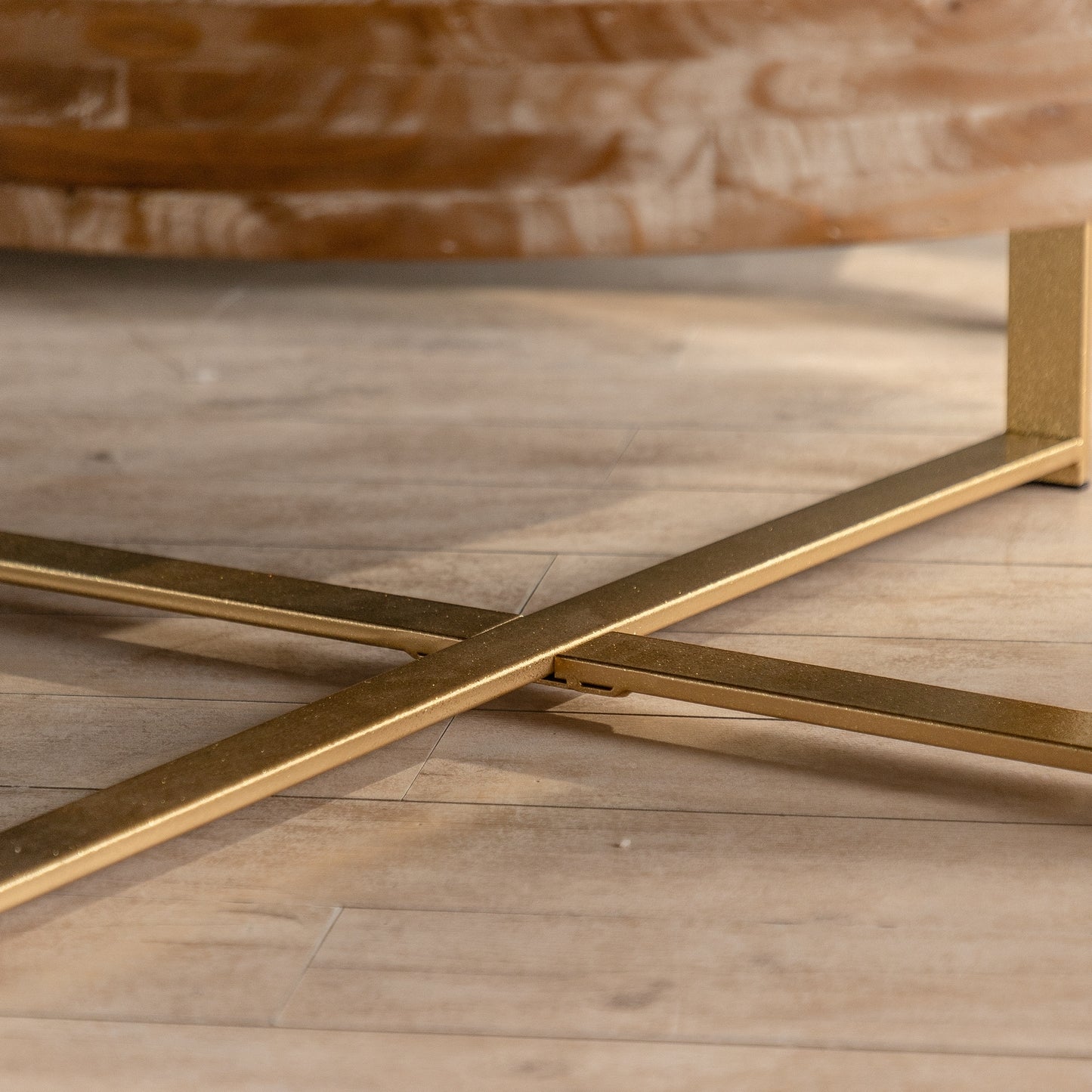 31.29" Modern Retro Splicing Round Coffee Table with Gold Cross Legs - Fir Wood Table Top - Elegant and Timeless Design - Available in Multiple Colors - Perfect Addition to Any Living Space