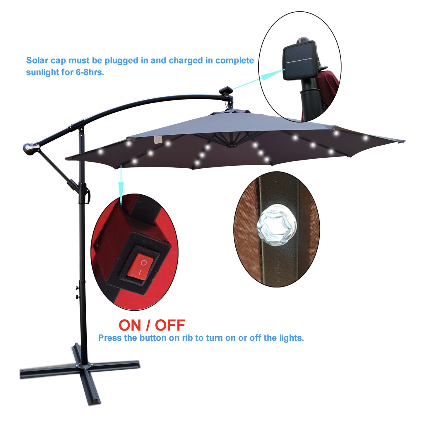 10 ft Outdoor Patio Umbrella with Solar Powered LED Lights, Waterproof, 8 Ribs, Crank and Cross Base for Garden, Deck, Backyard, Pool Shade - Black