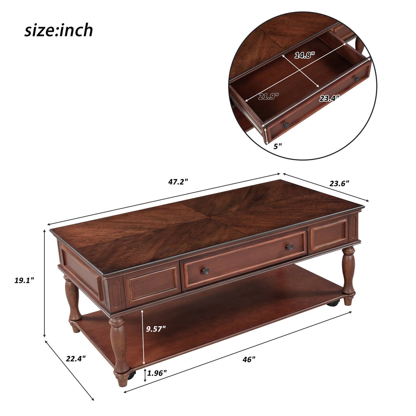 Retro Cocktail Table Coffee Table for Livingroom - Easy Assembly, Movable & Stylish with Caster Wheels - Espresso Finish