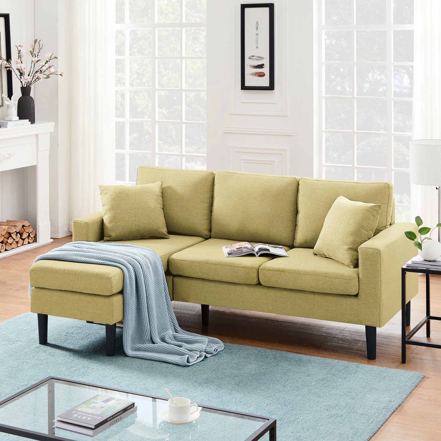 72" Sectional Sofa, Left Hand Facing with 2 Pillows, Yellow Fabric - Size & Color Options