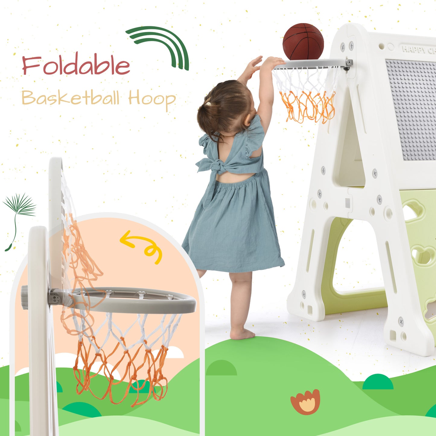 5-in-1 Toddler Climber Basketball Hoop Set - Kids Playground Climber Playset with Tunnel, Climber, Whiteboard, and Toy Building Block Baseplates - Combination for Babies - White