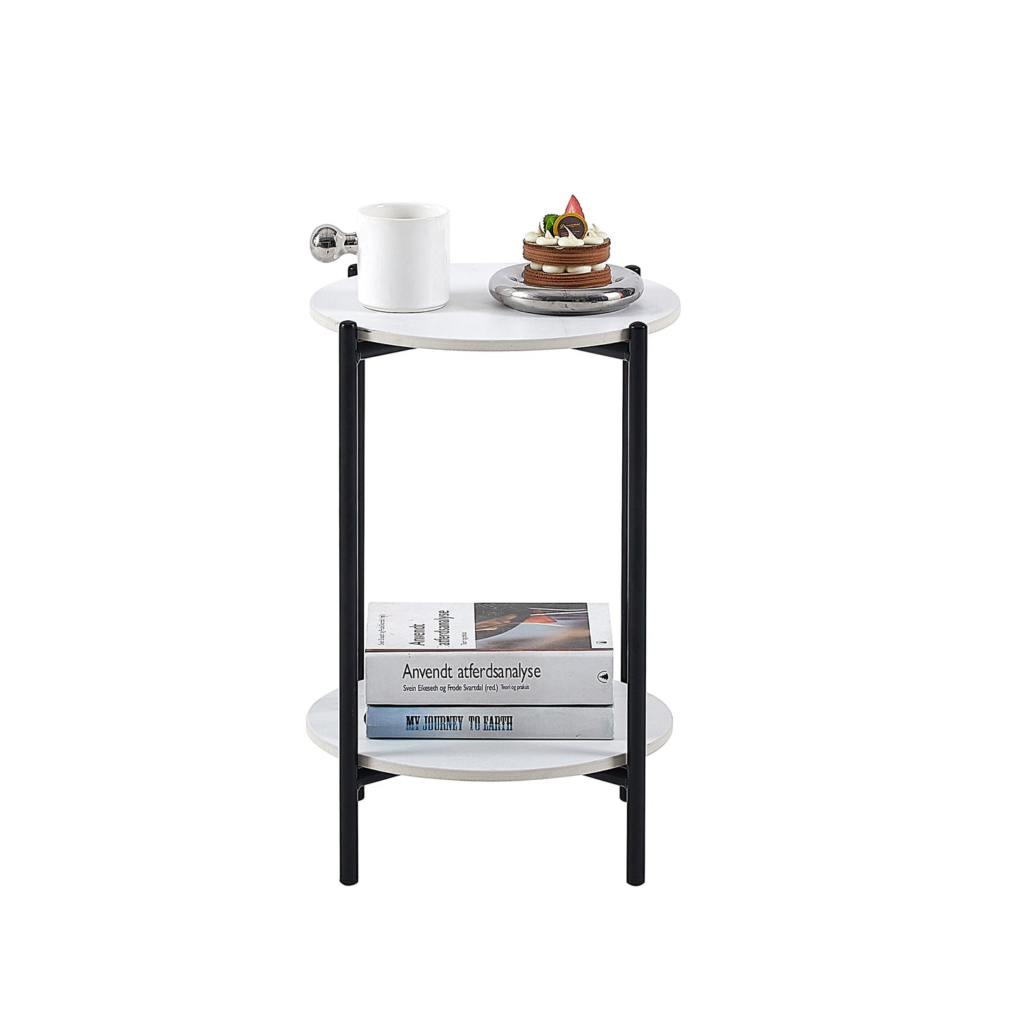 2-Layer End Table with Whole Marble Tabletop, Round Coffee Table with Black Metal Frame - White,1 piece: Stylish and Functional Furniture for Bedroom Living Room Office.