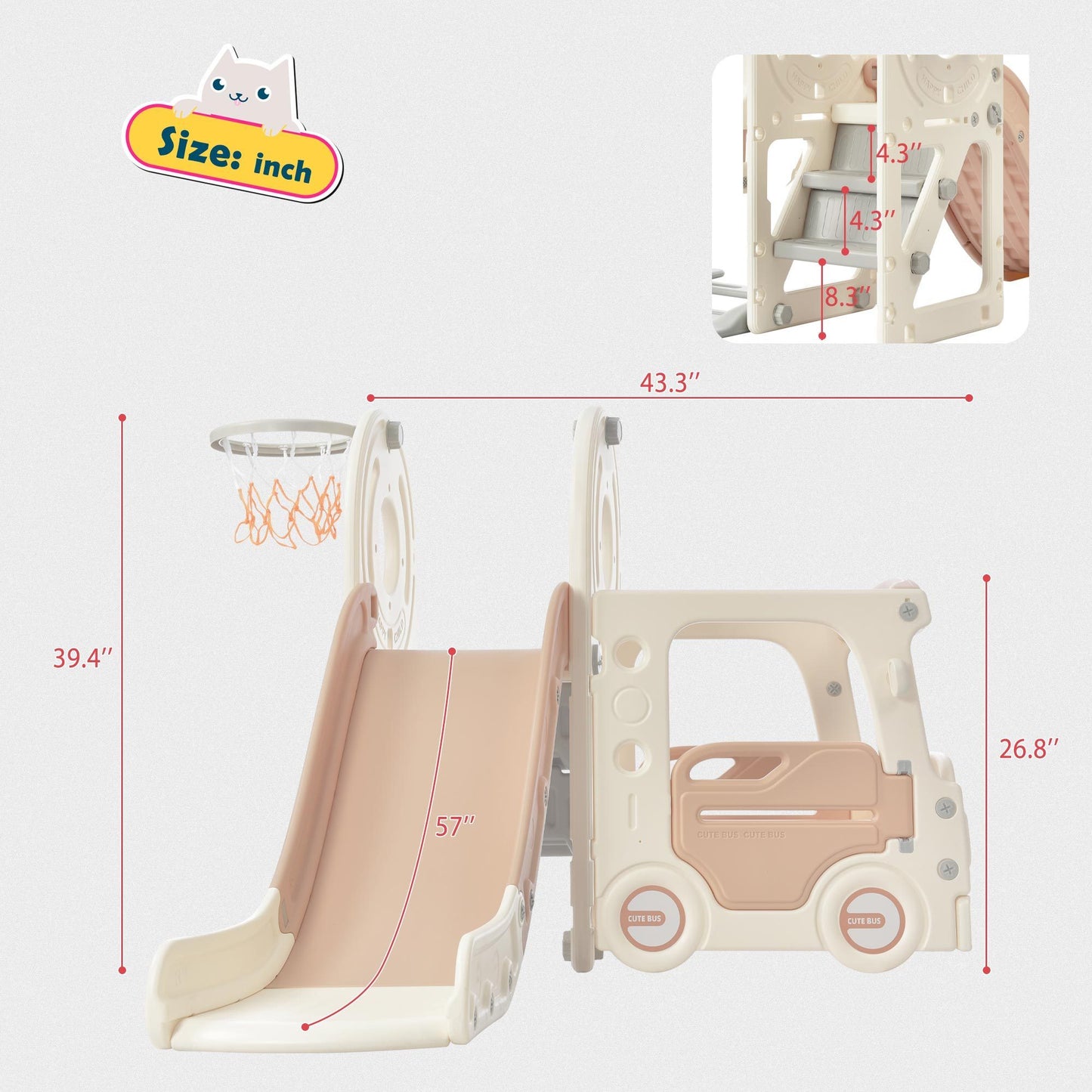 Kids Slide with Bus Play Structure, Freestanding Toy with Slide & Basketball Hoop - Toddlers' Fun Bus Slide Set in Vibrant Colors