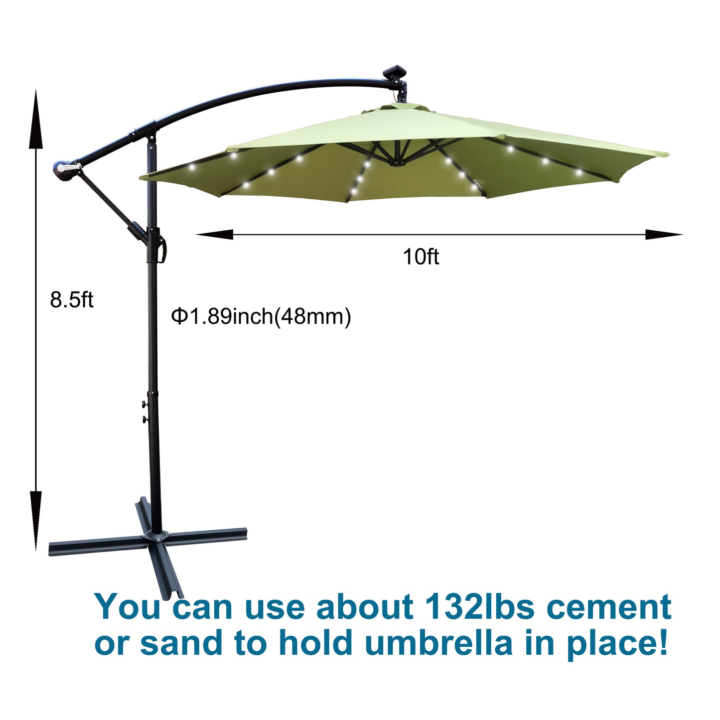 10 ft Outdoor Patio Umbrella Solar Powered LED Lighted Sun Shade Market Waterproof 8 Ribs Umbrella with Crank and Cross Base - Ideal for Garden, Deck, Backyard, Pool, and Outside Deck Swimming Pool - Various Colors & Sizes Available