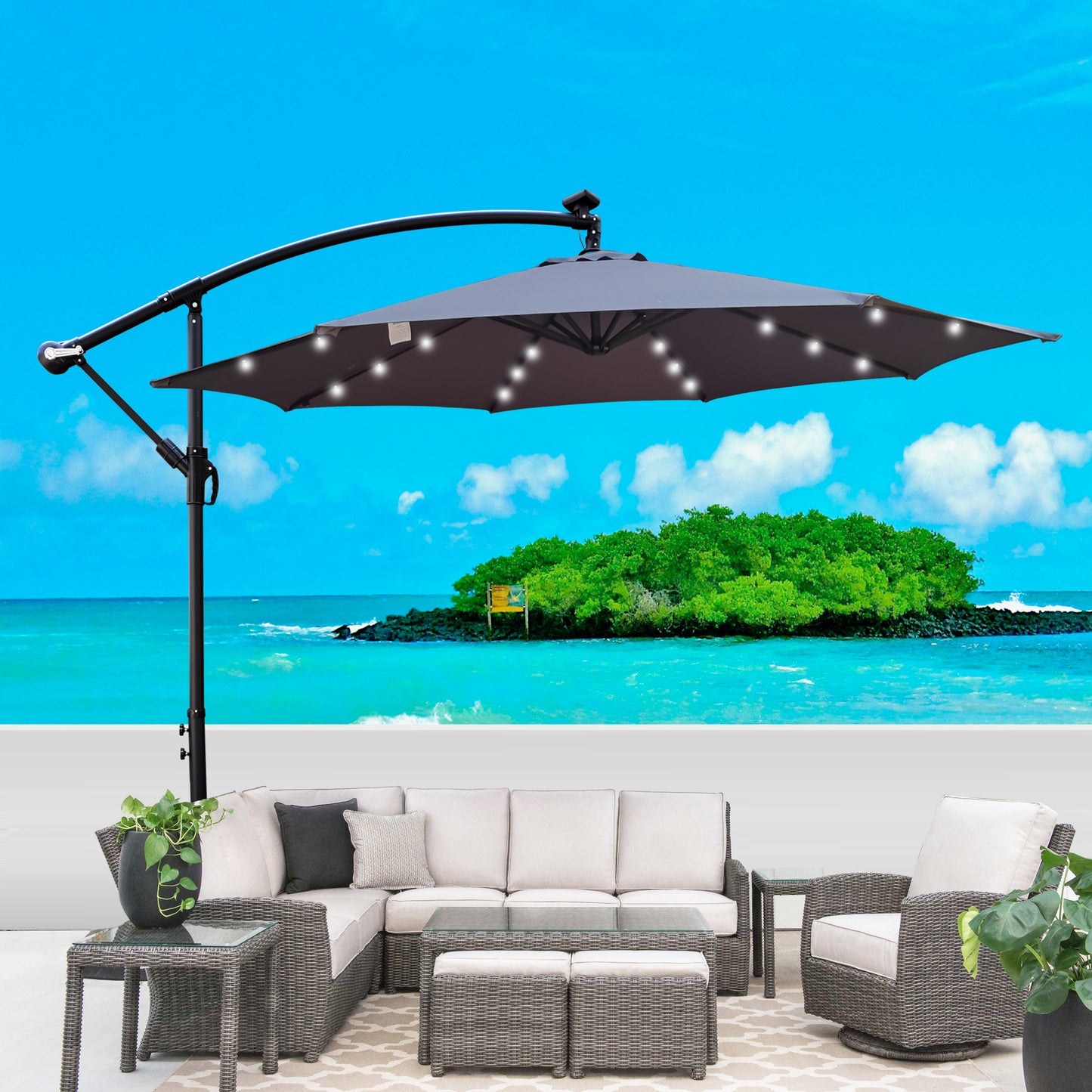 10 ft Outdoor Patio Umbrella with Solar Powered LED Lights, Waterproof, 8 Ribs, Crank and Cross Base for Garden, Deck, Backyard, Pool Shade - Black