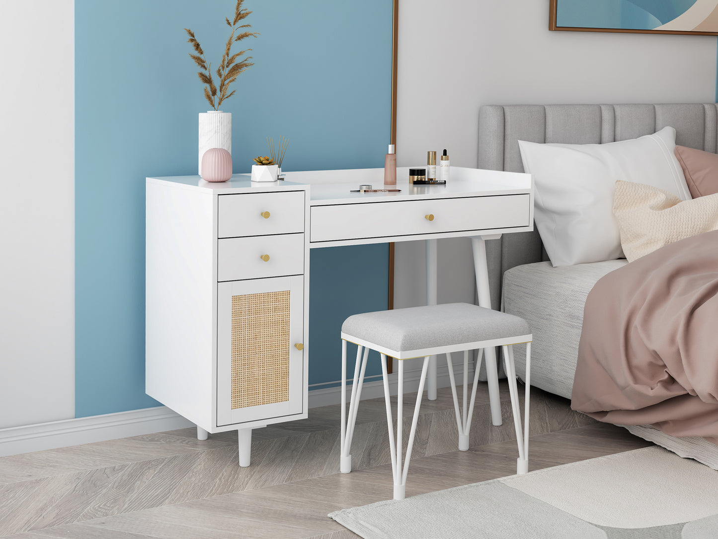 Makeup Vanity with Drawers | Mid-Century White Wood Dressing Table Desk | Rattan Door | Size Options
