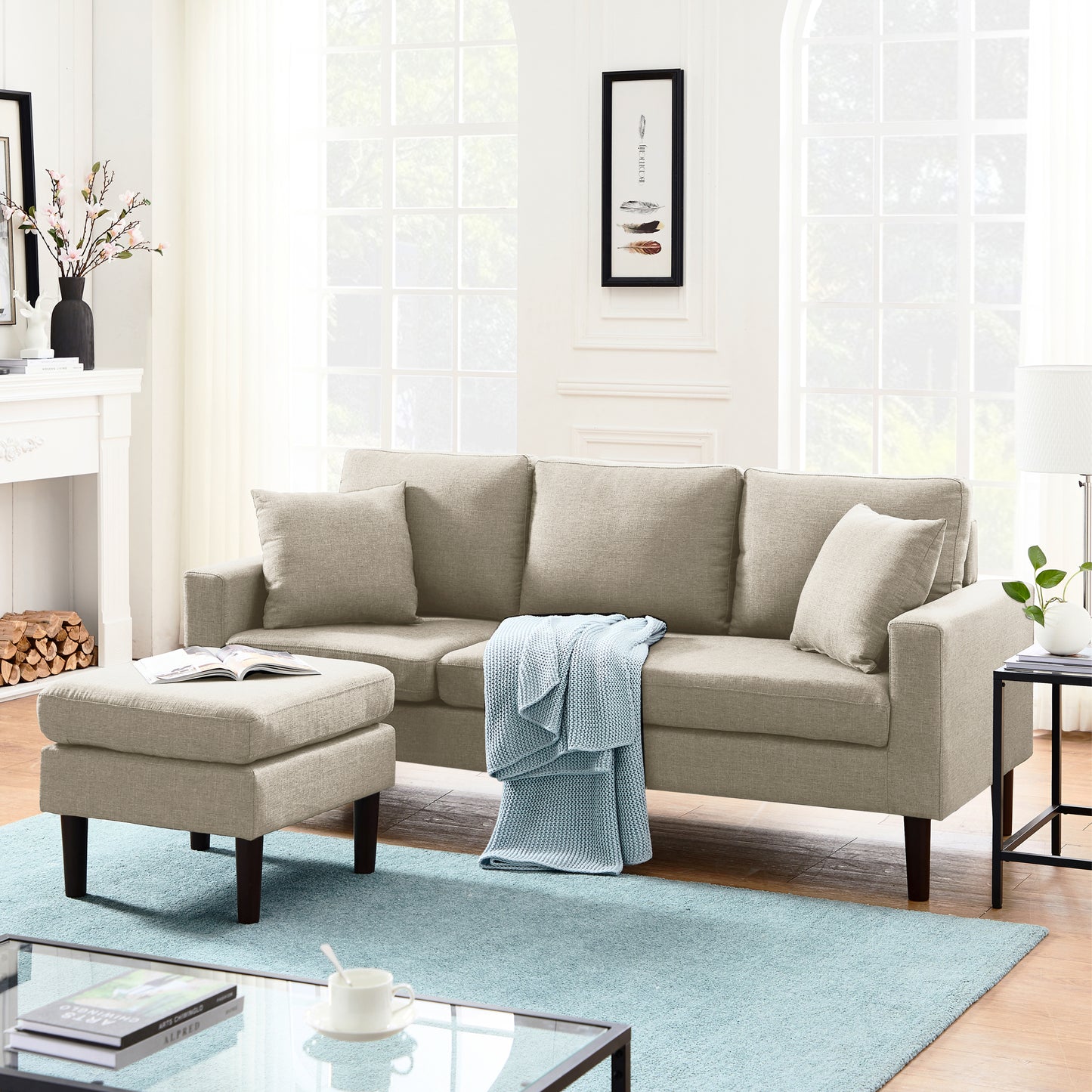 72" Sectional Sofa Left Hand Facing with 2 Pillows, Beige Fabric: Comfortable and Stylish Addition to Any Living Space