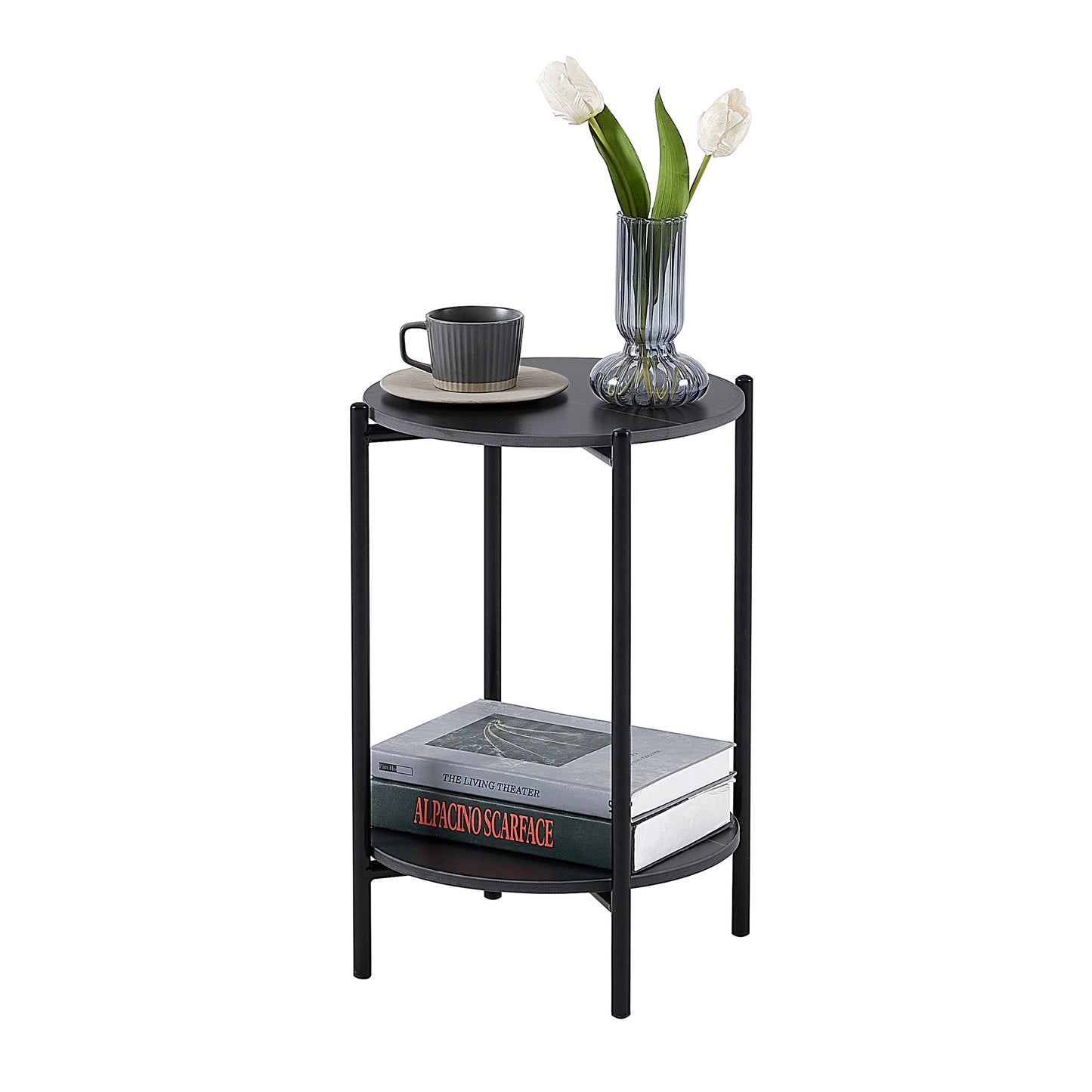 2-Layer End Table with Whole Marble Tabletop, Round Coffee Table for Bedroom Living Room Office. Black Metal Frame. 1 Piece.
