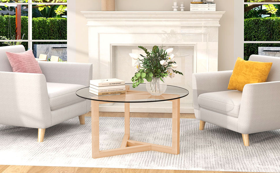 ON-TREND Round Glass Coffee Table with Tempered Glass Top & Sturdy Wood Base, Natural - Modern Cocktail Table, Easy Assembly, (WF190112AAL)