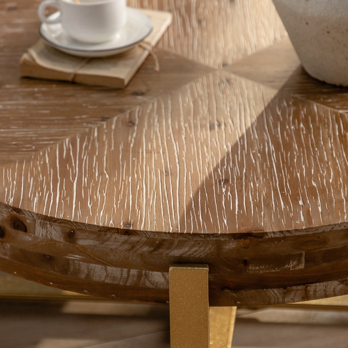 31.29" Modern Retro Splicing Round Coffee Table with Gold Cross Legs - Fir Wood Table Top - Elegant and Timeless Design - Available in Multiple Colors - Perfect Addition to Any Living Space