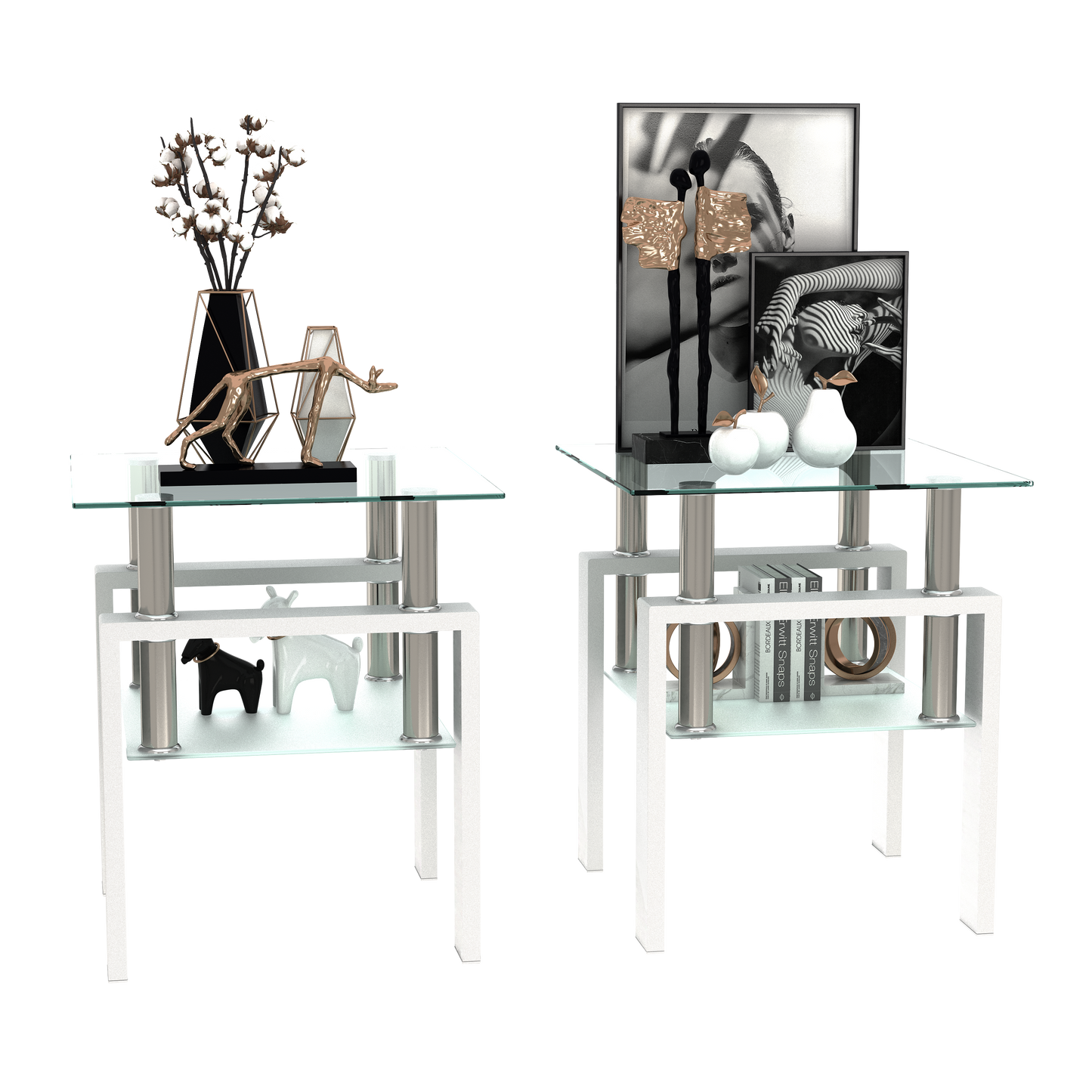 Square Tempered Glass Tea Table Coffee Table End Table Set, Modern and Transparent/White Design for Living Room