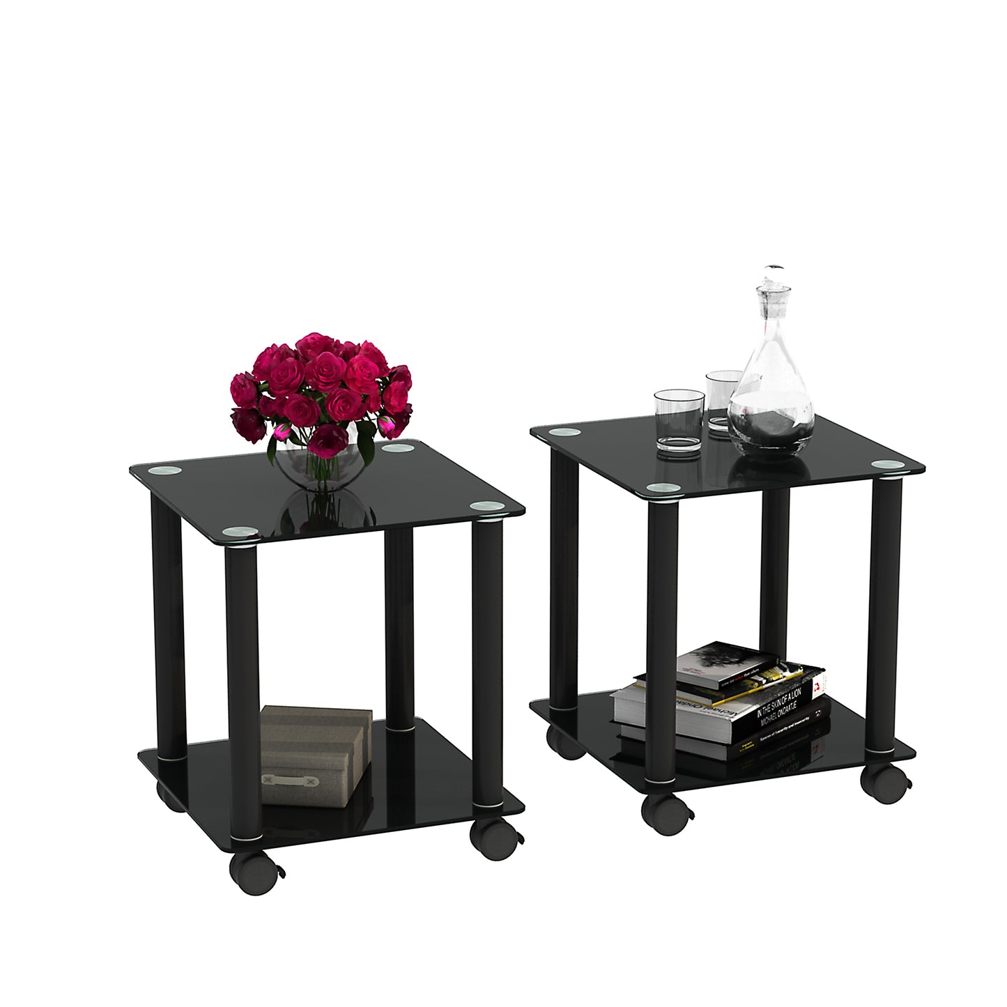 2-Piece Black Side Table: 2-Tier Space End Table, Modern Night Stand with Storage Shelve