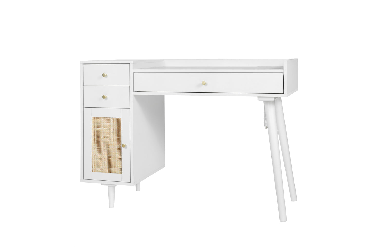 Makeup Vanity with Drawers | Mid-Century White Wood Dressing Table Desk | Rattan Door | Size Options