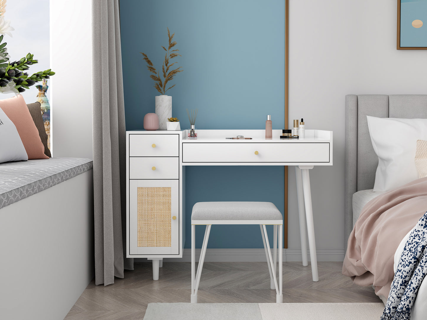 Makeup Vanity with Drawers | Mid-Century White Wood Dressing Table Desk | Rattan Door | Size Options