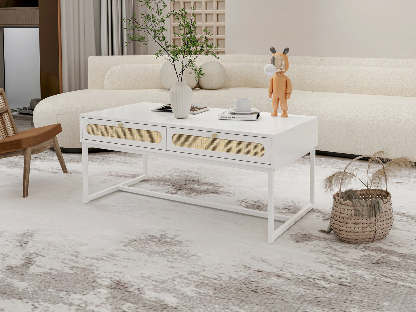 Rattan Drawer Coffee Table - Modern Furniture Decor for Living Room Reception - Easy Assembly, Rectangular - Unique Design, Brown, 2 Drawers