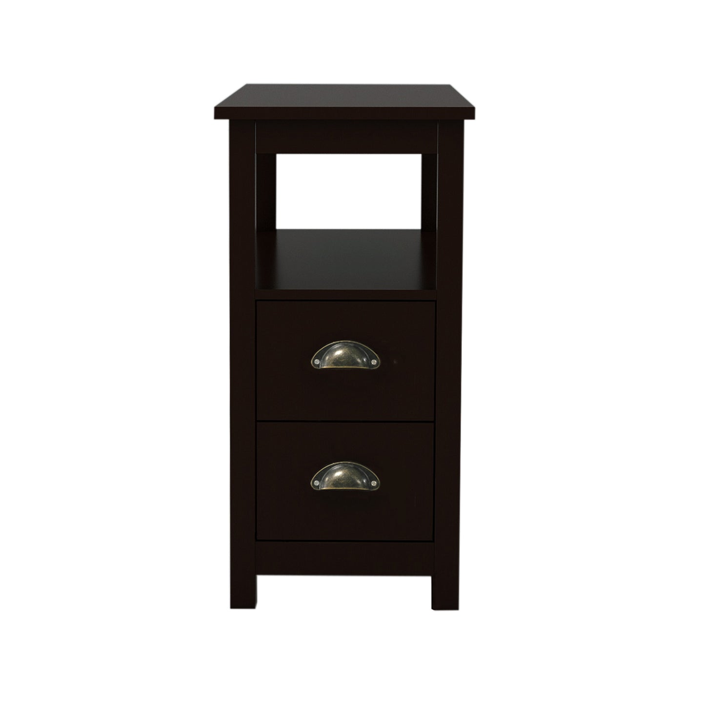 Narrow Nightstand: 2 Drawers, Open Shelf, Brown Color | End Table with Compact Design - 220 Letters
