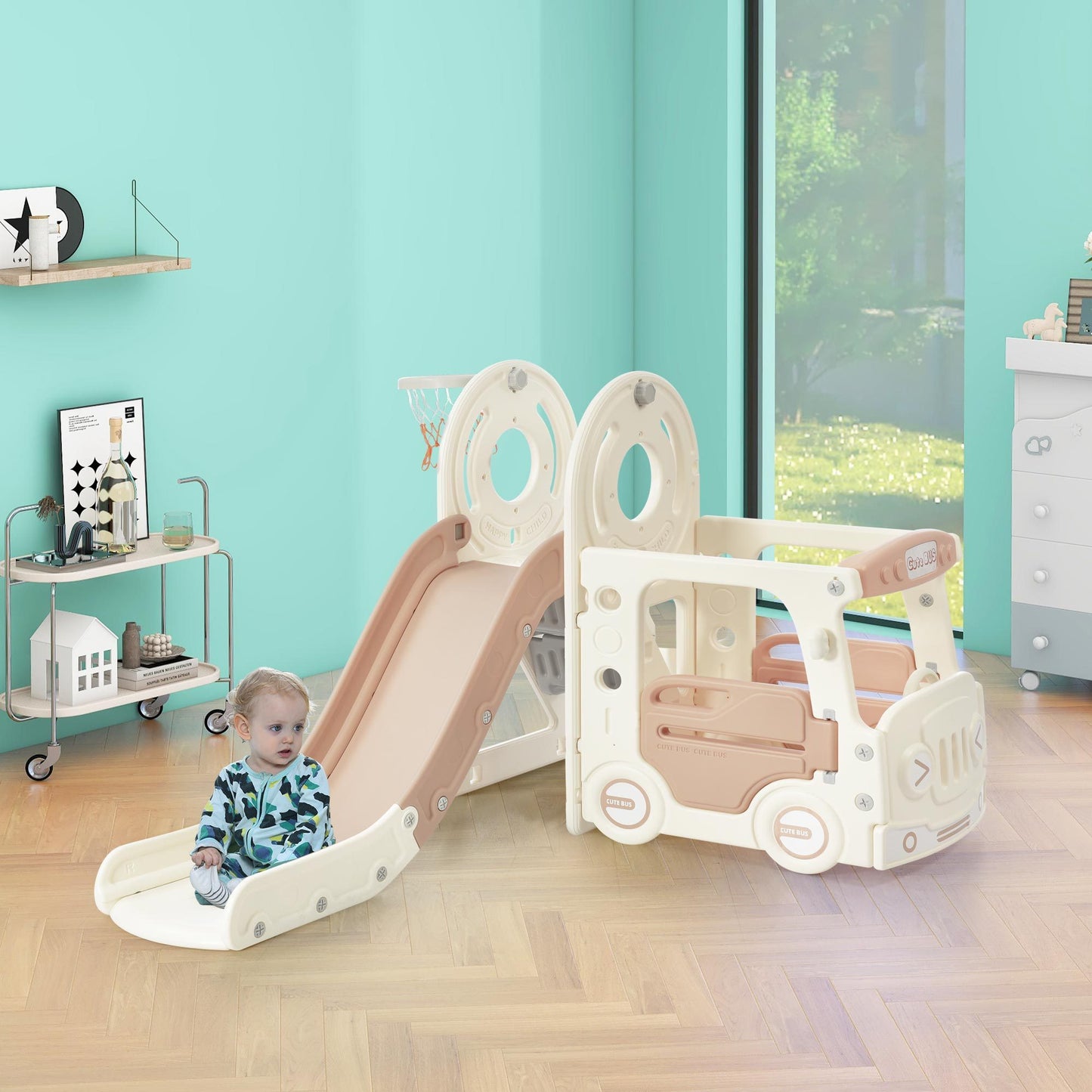 Kids Slide with Bus Play Structure, Freestanding Toy with Slide & Basketball Hoop - Toddlers' Fun Bus Slide Set in Vibrant Colors