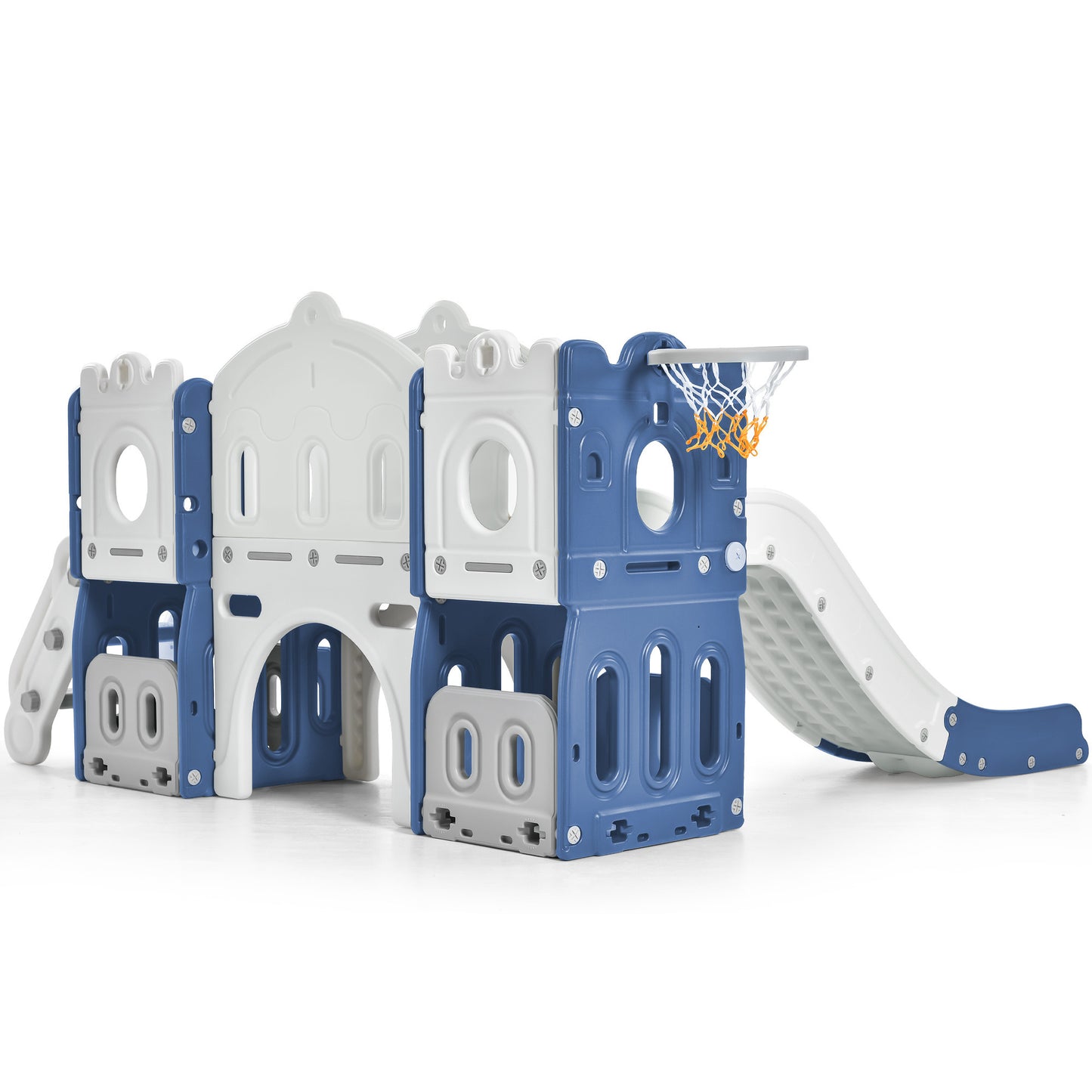 Kids Slide Playset Structure, Freestanding Castle Climber with Slide and Basketball Hoop, Toy Storage Organizer for Toddlers, Kids Climbers Playhouse for Indoor Outdoor Playground Activity