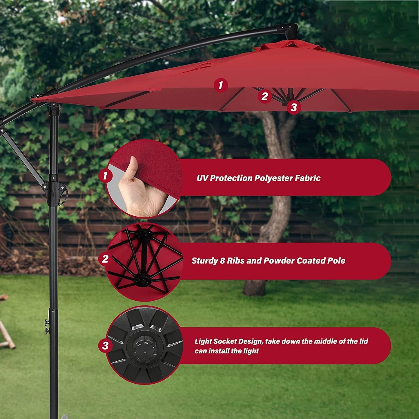 10ft Offset Umbrella Cantilever Patio Hanging Umbrella, Outdoor Market Umbrella with Crank & Cross Base for Garden, Lawn, Backyard, Deck - Red, 10ft Size