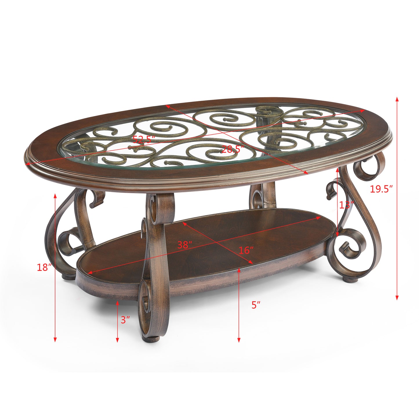 Coffee Table with Glass Top & Powder Coat Finish Metal Legs, Dark Brown, 52.5"X28.5"X19.5"