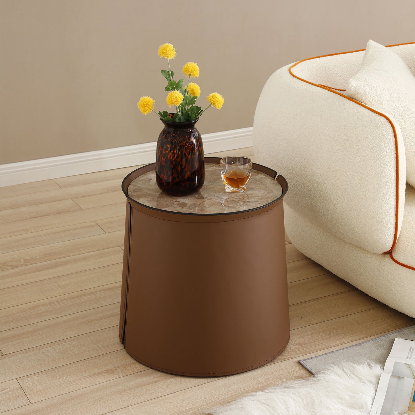 Luxe Saddle Leather Coffee Table with Brown Marble Top - Iron Art Side Table for Elegant Décor