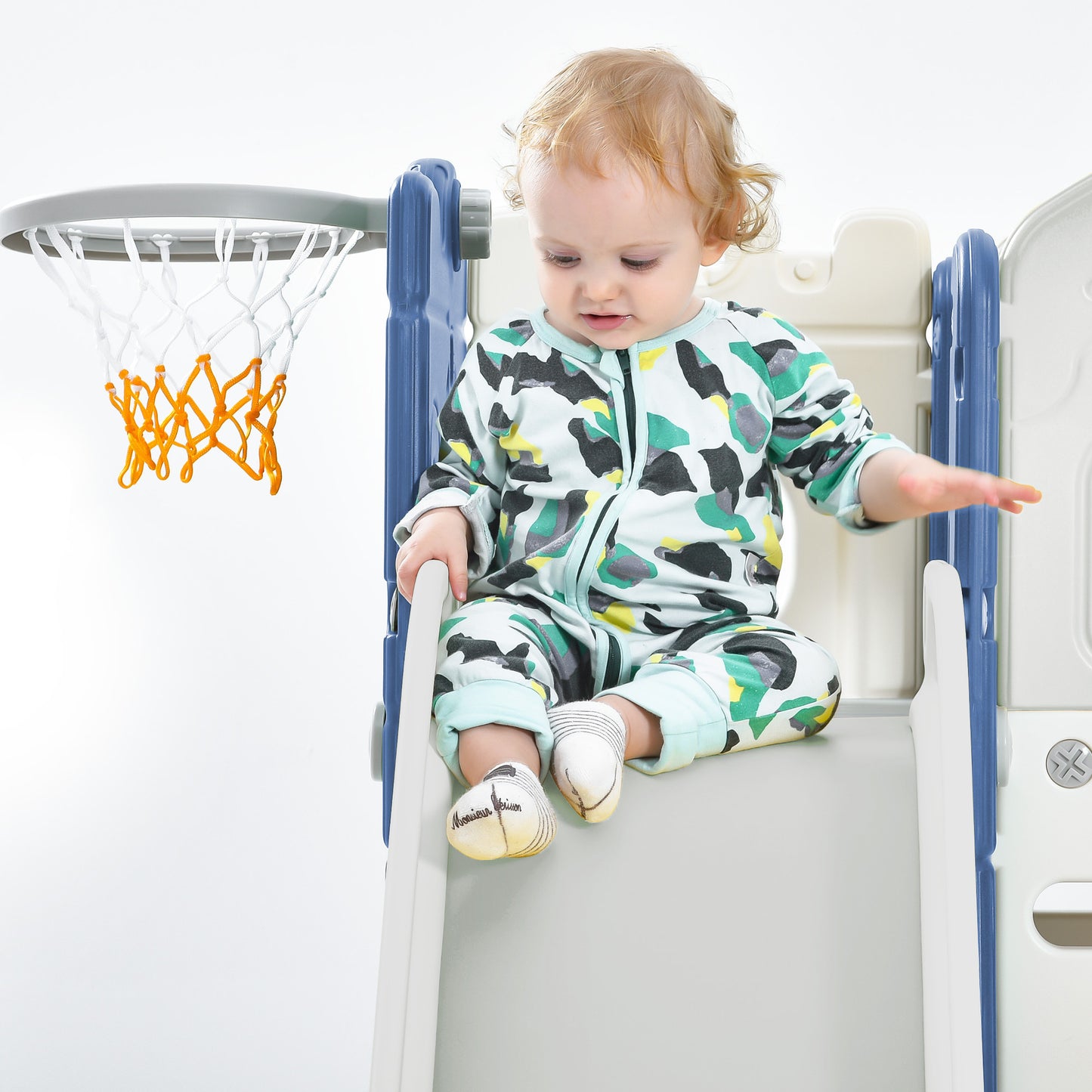 Kids Slide Playset Structure, Freestanding Castle Climber with Slide and Basketball Hoop, Toy Storage Organizer for Toddlers, Kids Climbers Playhouse for Indoor Outdoor Playground Activity