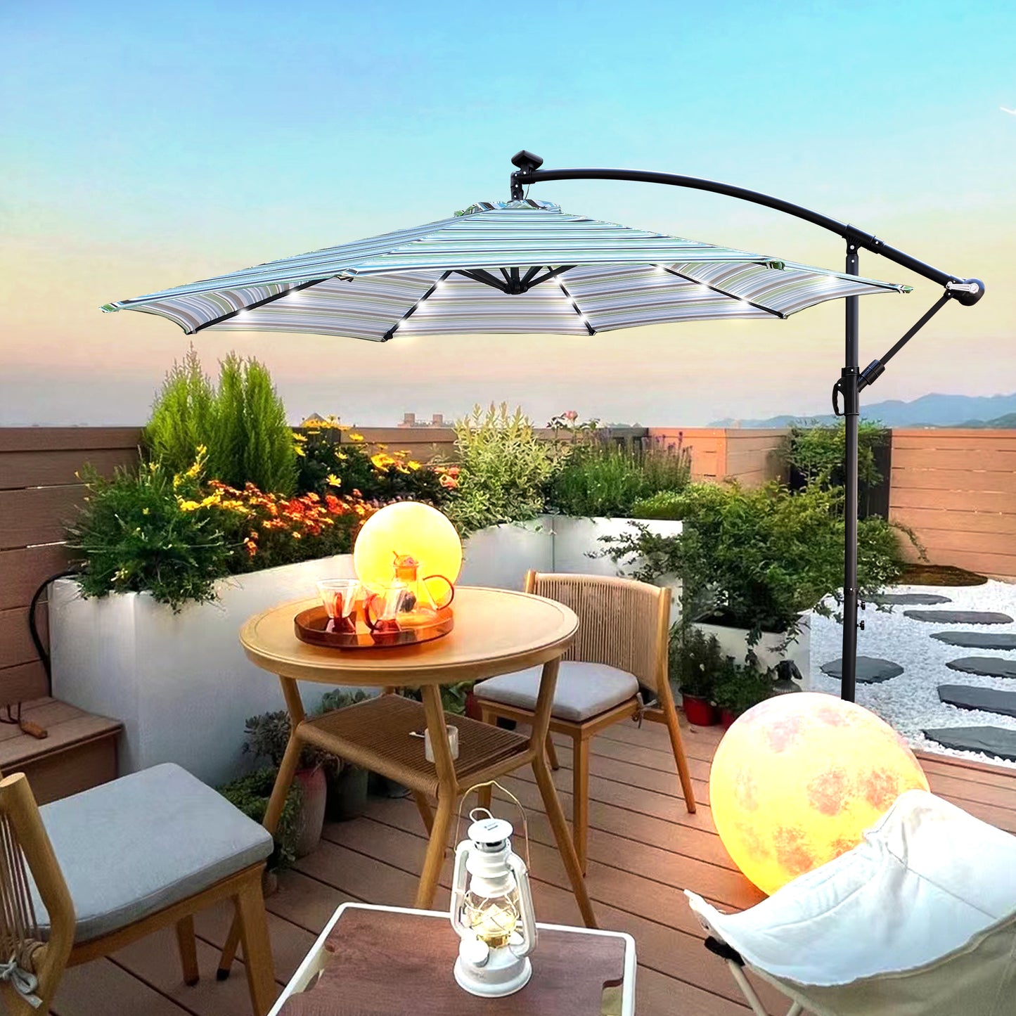 10 ft Outdoor Patio Umbrella - Solar Powered LED Lighted Sun Shade Market Waterproof 8 Ribs Umbrella with Crank and Cross Base - Garden Deck Backyard Pool Shade - Outside Deck Swimming Pool - Black
