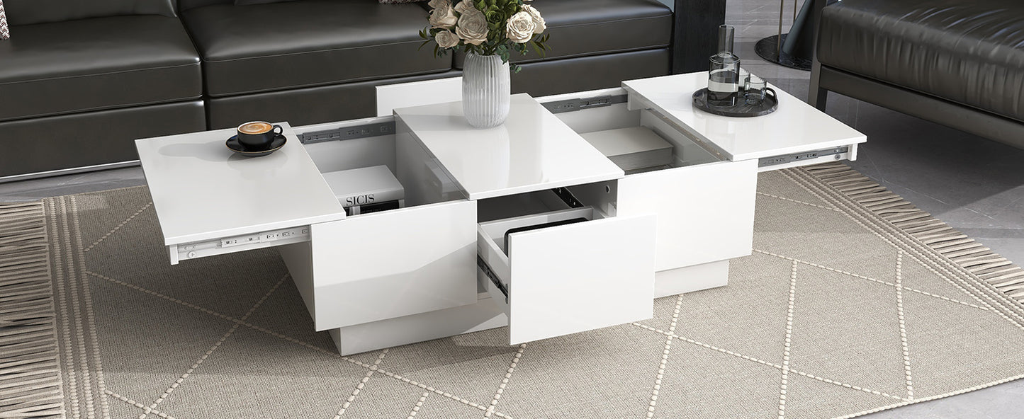 ON-TREND Multifunctional Coffee Table with Hidden Storage, Extendable Cocktail Table with Drawers, High-gloss Center Table with Sliding Top for Living Room, White, 39.3"x21.6"