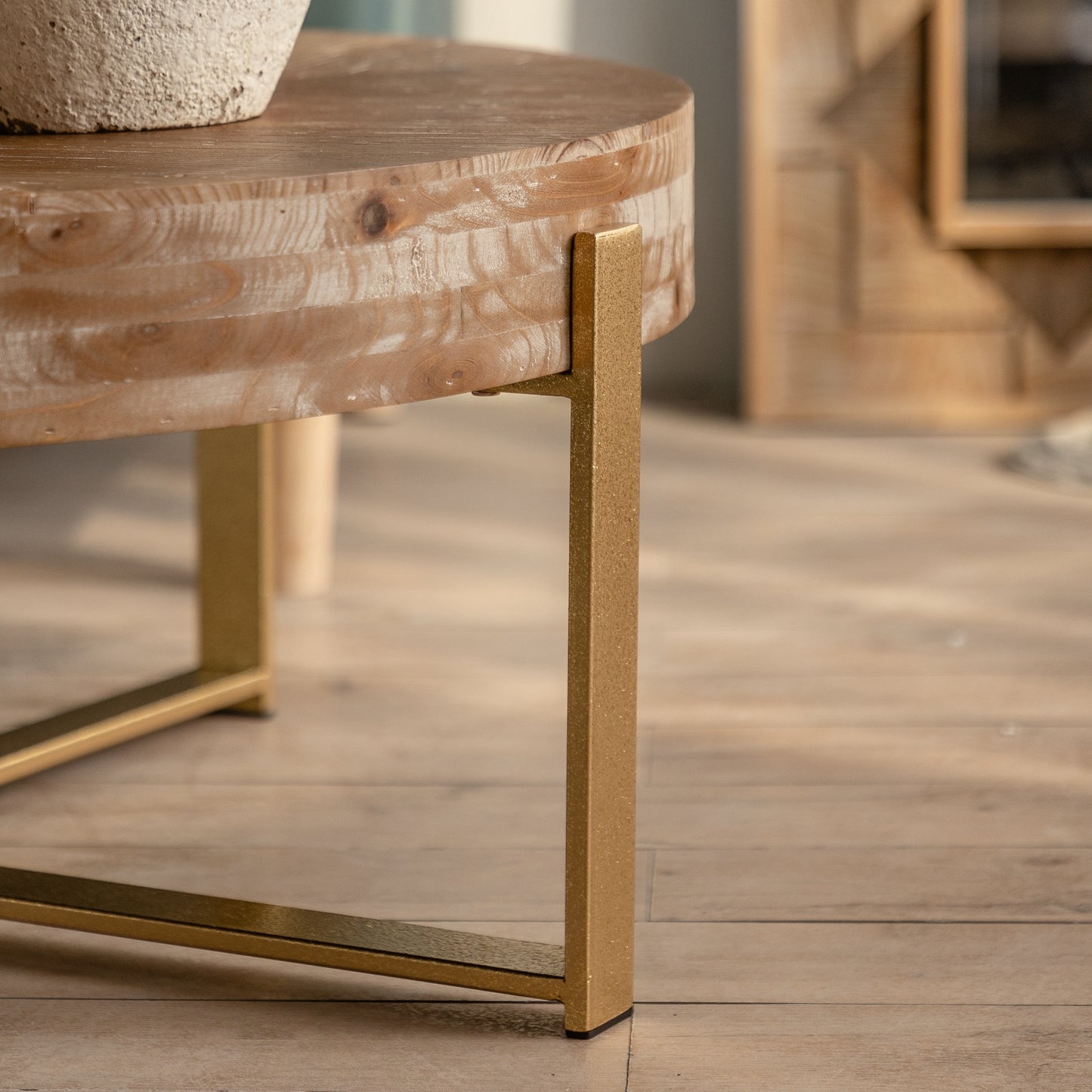 31.29" Modern Retro Splicing Round Coffee Table with Gold Cross Legs - Fir Wood Table Top - Elegant and Timeless Design - Available in Multiple Colors - Perfect Addition to Any Living Space