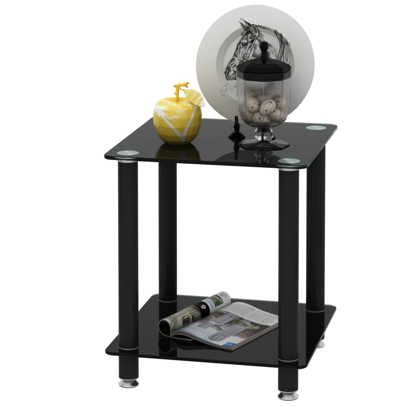 2-Piece Black Side Table: 2-Tier Space End Table, Modern Night Stand with Storage Shelve