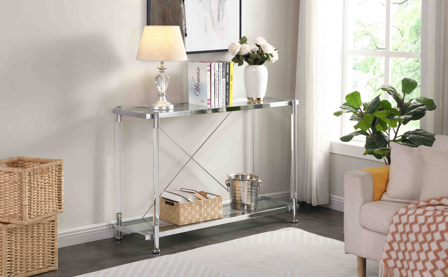 43.31'' Chrome Glass Sofa Table: Acrylic Side Console for Living Room & Bedroom - Elegant and Versatile Furniture Piece with Generous Size