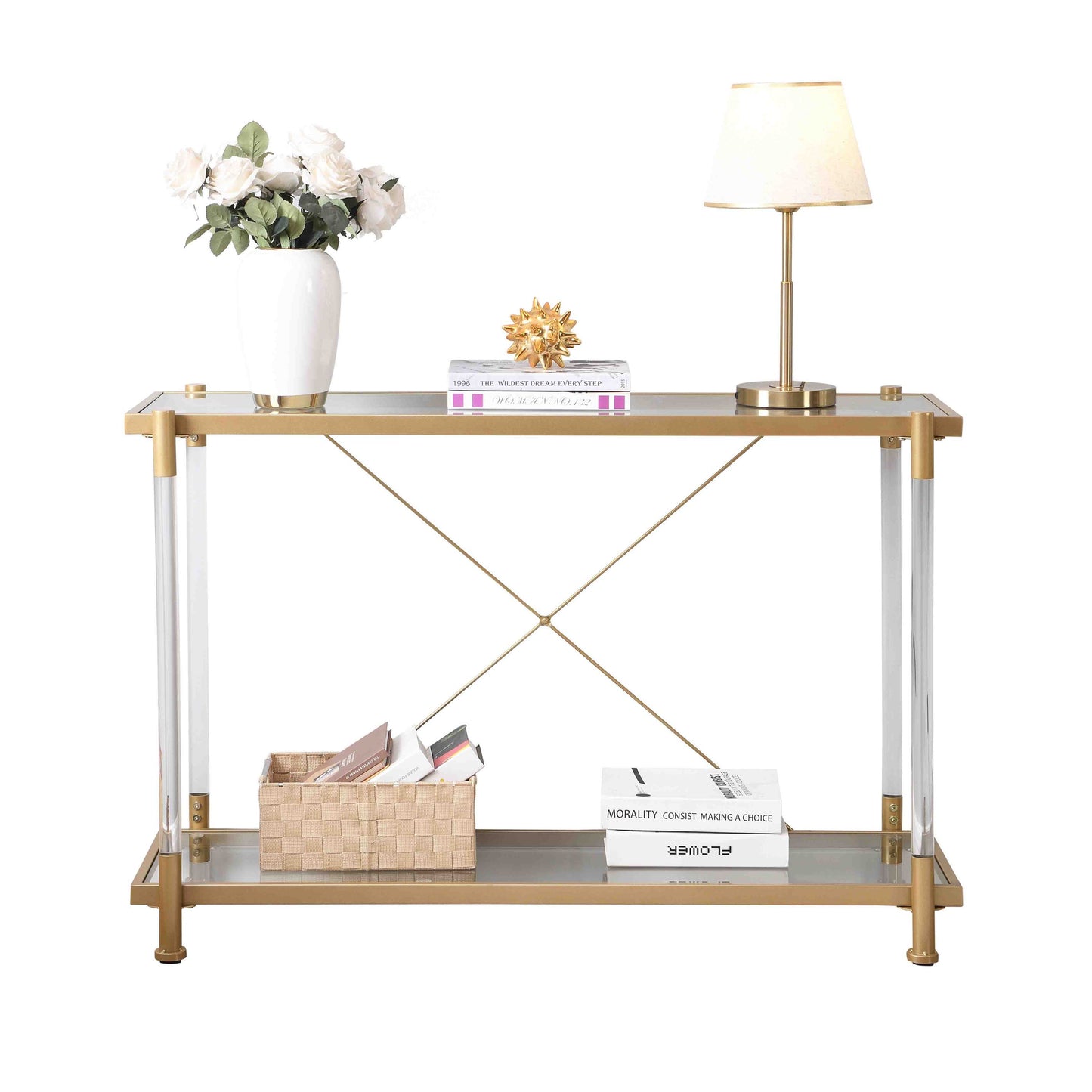 43.31'' Golden Glass Sofa Table - Acrylic Side Table for Living Room & Bedroom - Console Table with Elegant Design and Spacious Surface