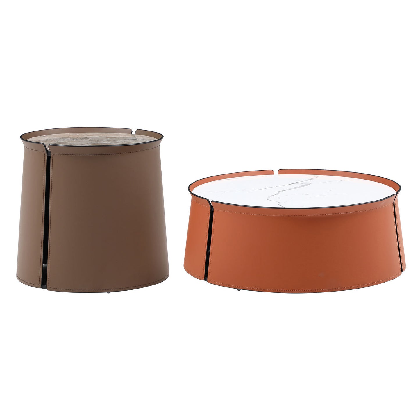 Luxe Saddle Leather Coffee Table with Brown Marble Top - Iron Art Side Table for Elegant Décor