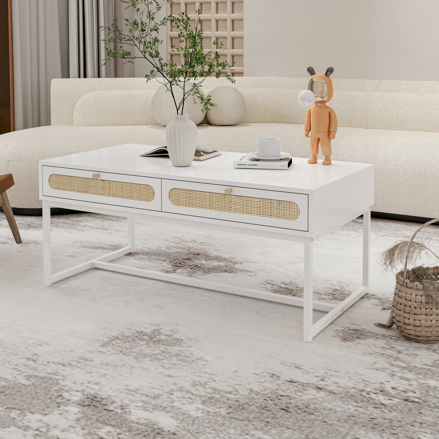 Rattan Drawer Coffee Table - Modern Furniture Decor for Living Room Reception - Easy Assembly, Rectangular - Unique Design, Brown, 2 Drawers