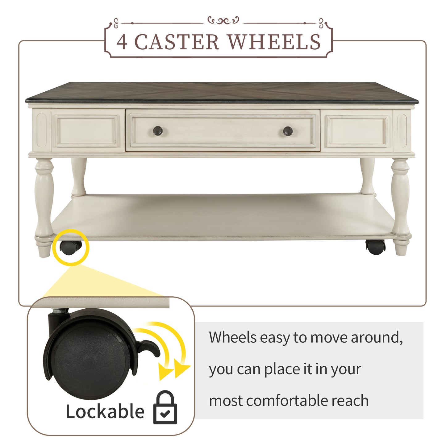 ON-TREND Two-tone Retro Cocktail Table: Easy Assembly, Movable with Caster Wheels for Livingroom (Antique Gray)