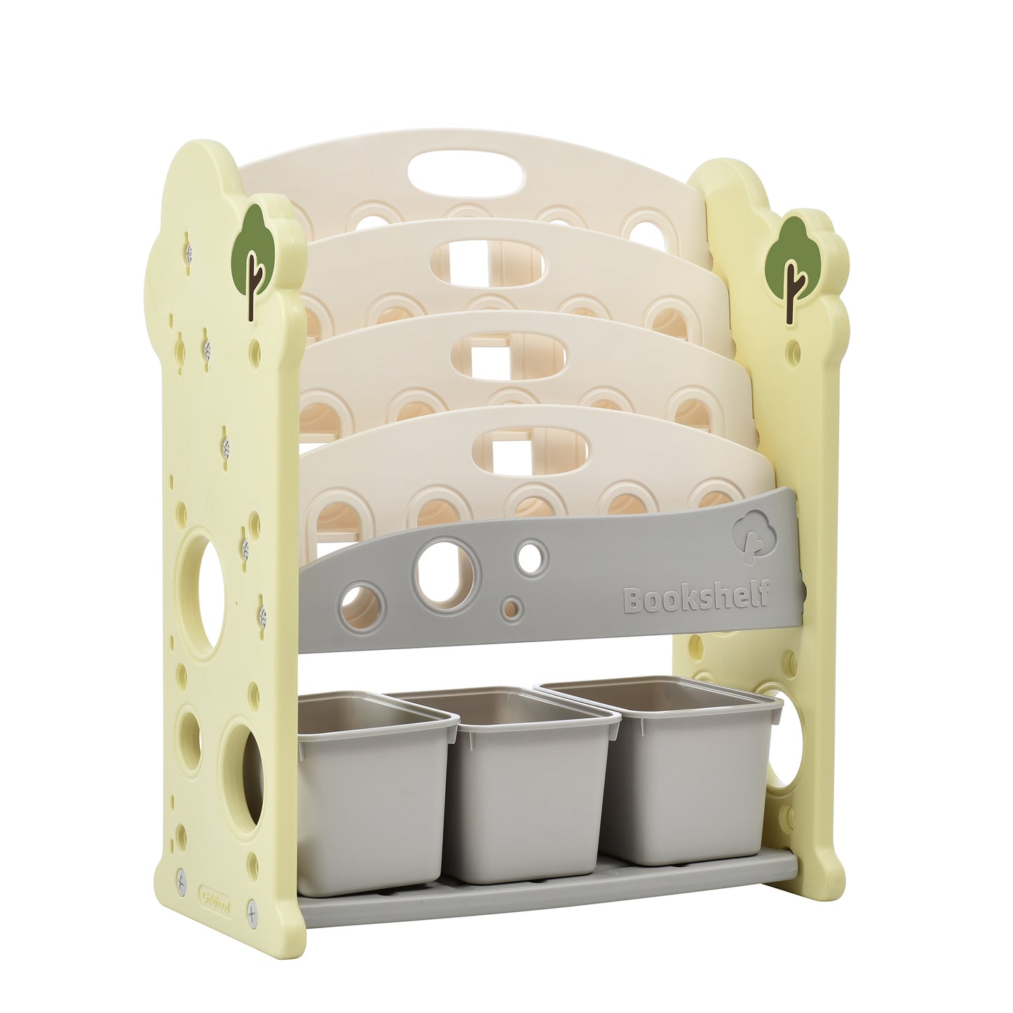 Kids Bookshelf Toy Storage Organizer: 12 Bins, 4 Bookshelves, Multi-functional Nursery Organizer, HDPE Shelf and Bins