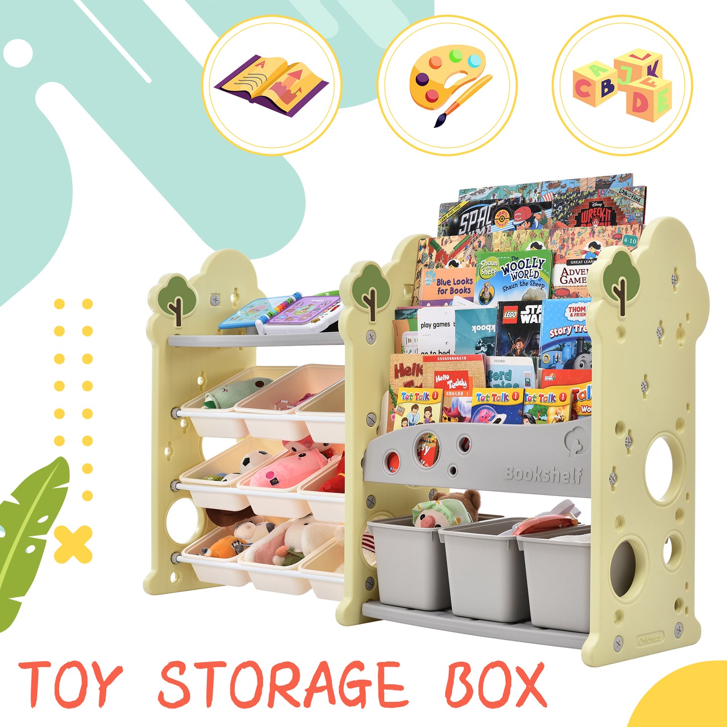 Kids Bookshelf Toy Storage Organizer: 12 Bins, 4 Bookshelves, Multi-functional Nursery Organizer, HDPE Shelf and Bins