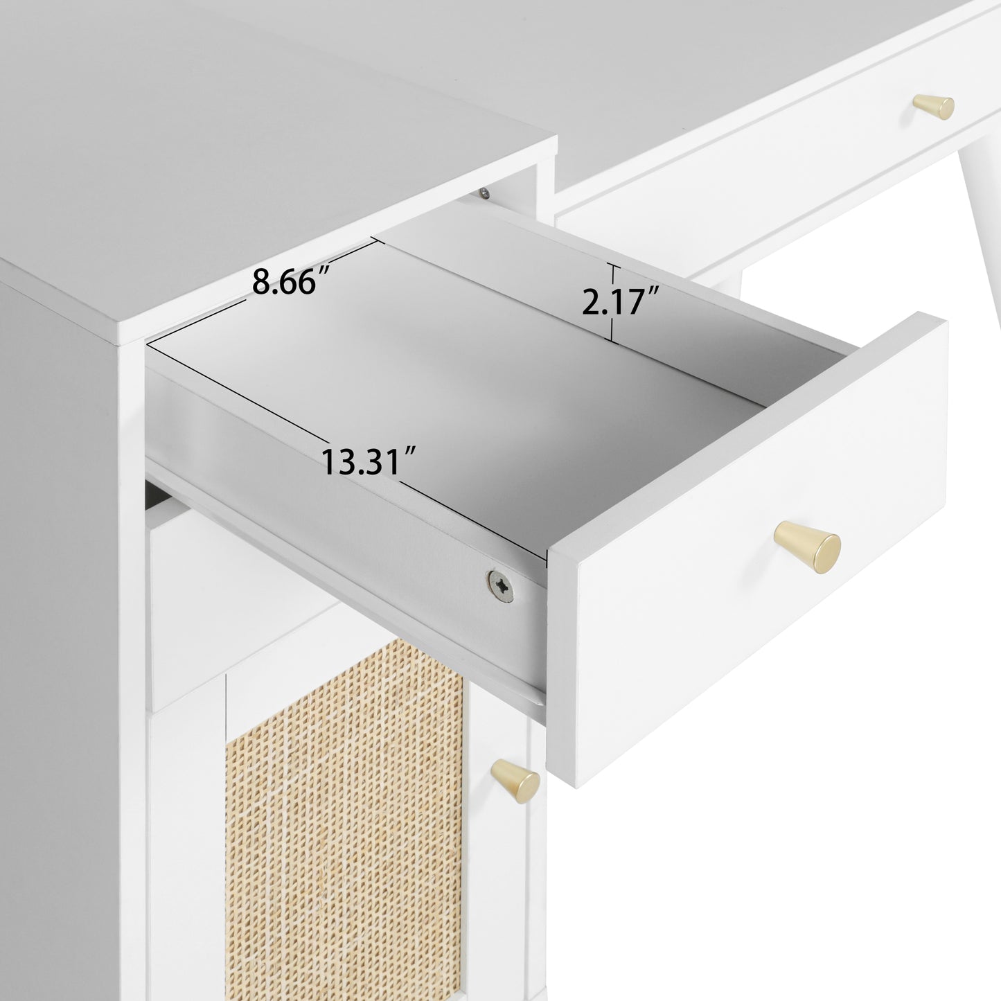 Makeup Vanity with Drawers | Mid-Century White Wood Dressing Table Desk | Rattan Door | Size Options