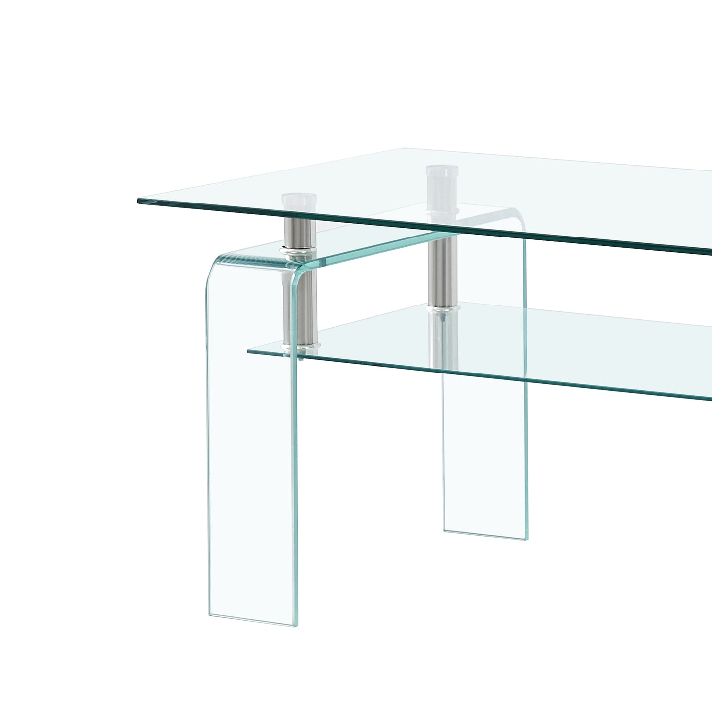 Rectangle Clear Glass Coffee Table, Modern 2-Tier Storage Center, Tempered Glass Tea Table for Living Room