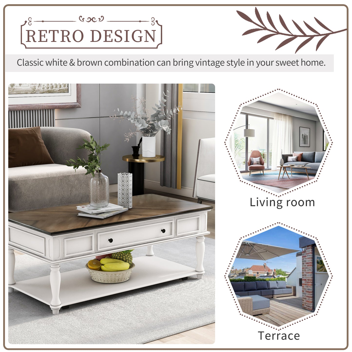 ON-TREND Two-tone Retro Cocktail Table: Easy Assembly, Movable with Caster Wheels for Livingroom (Antique Gray)