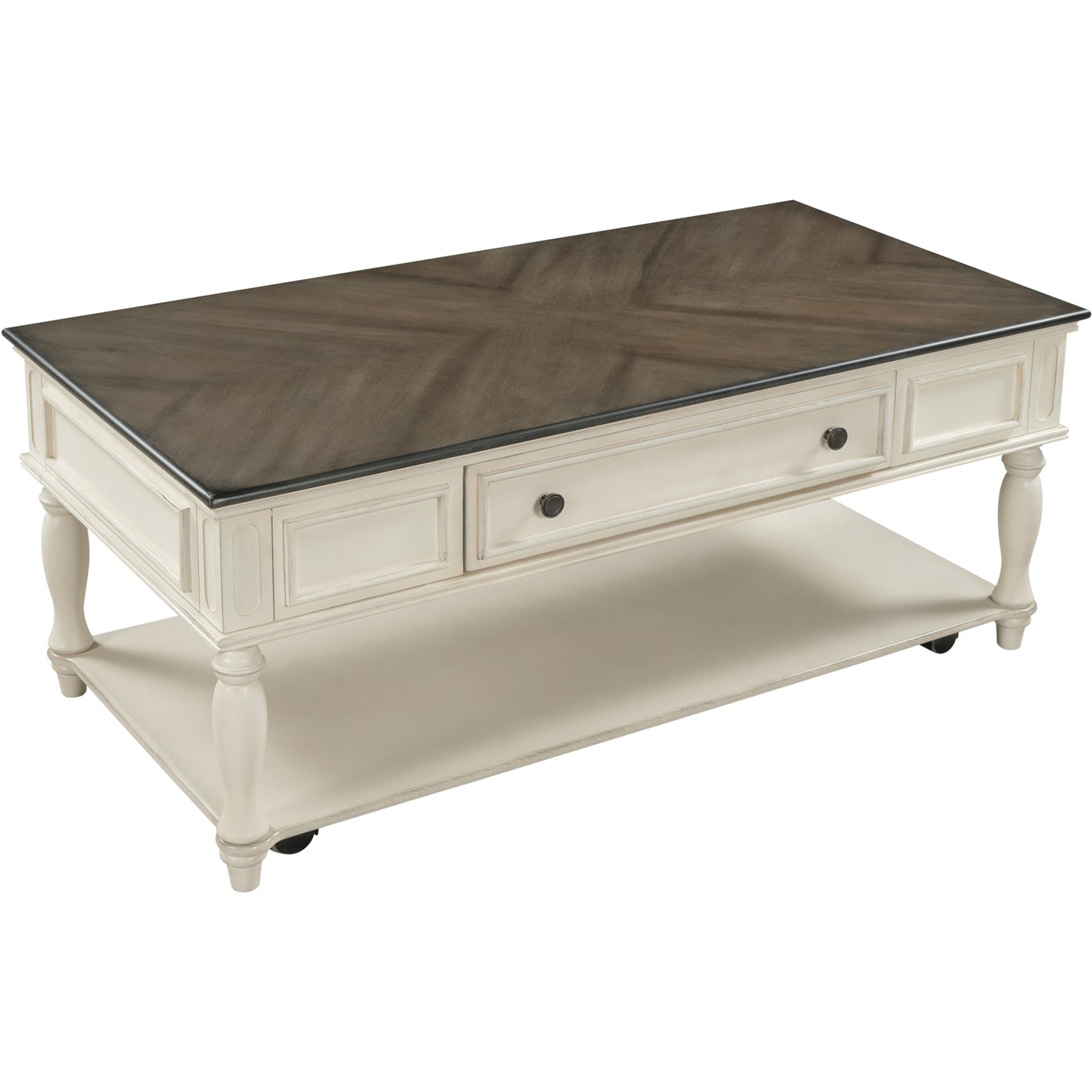 ON-TREND Two-tone Retro Cocktail Table: Easy Assembly, Movable with Caster Wheels for Livingroom (Antique Gray)
