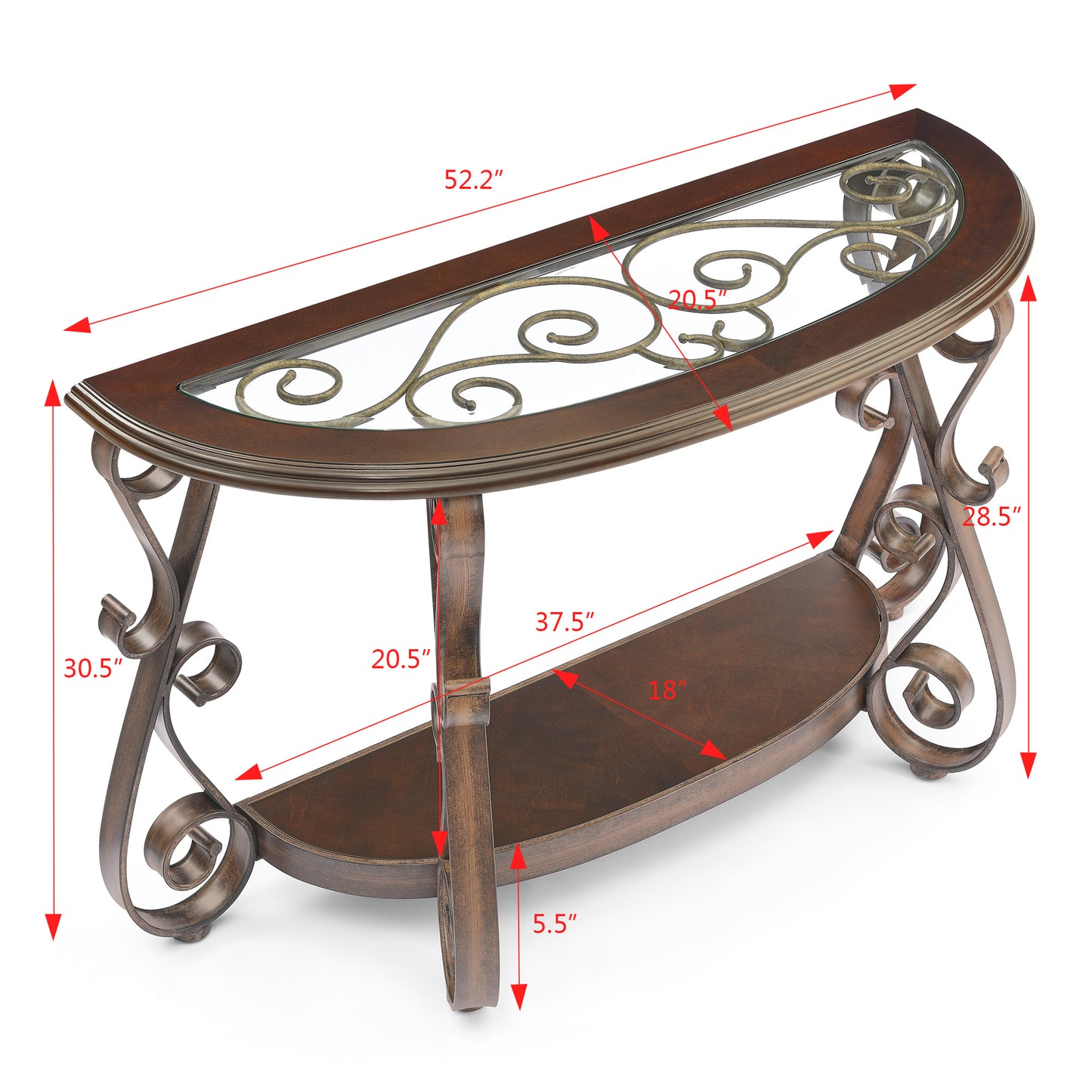 Console Table with Glass Table Top, Powder Coat Finish Metal Legs, Dark Brown - 25.5"X25.5"X23.5"