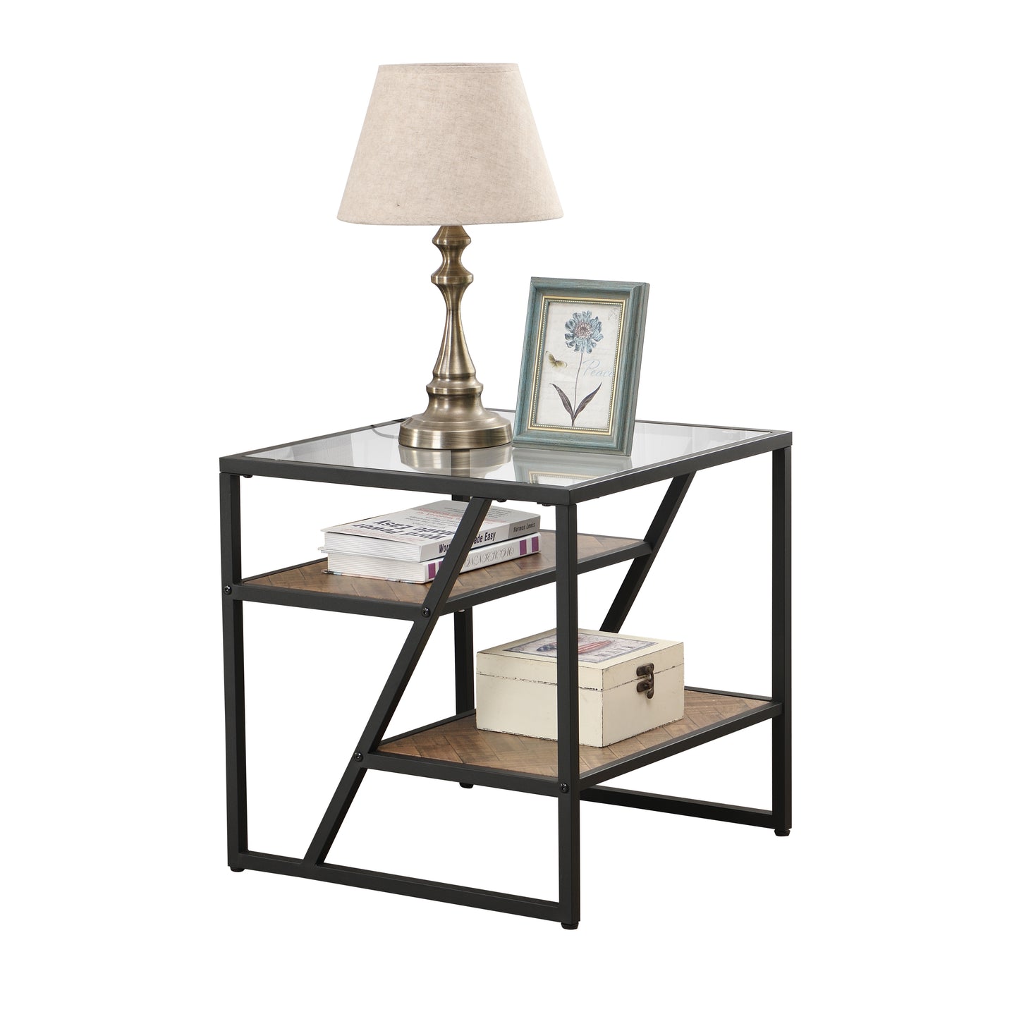 Black Side Table with Storage Shelf, Tempered Glass Coffee Table - Metal Frame for Living Room & Bed Room